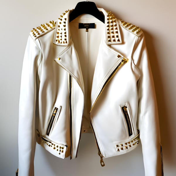 White Leather Jacket with Gold Accents - Image 4