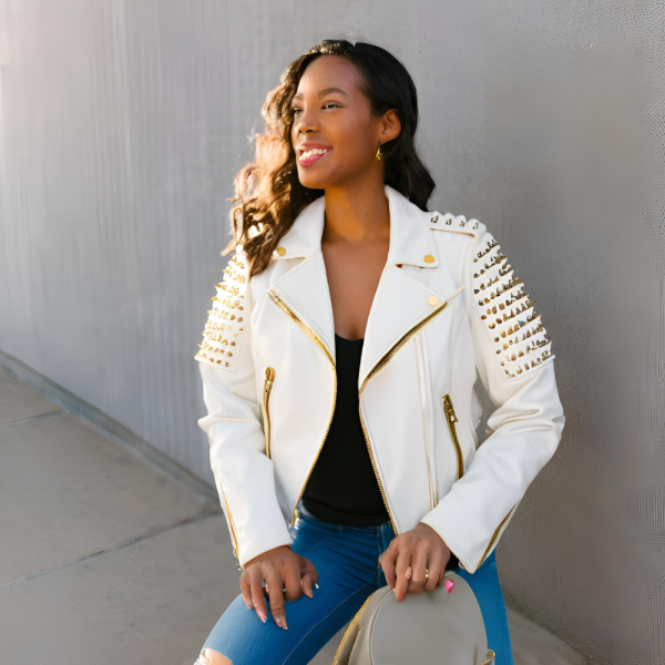 White Leather Jacket with Gold Accents