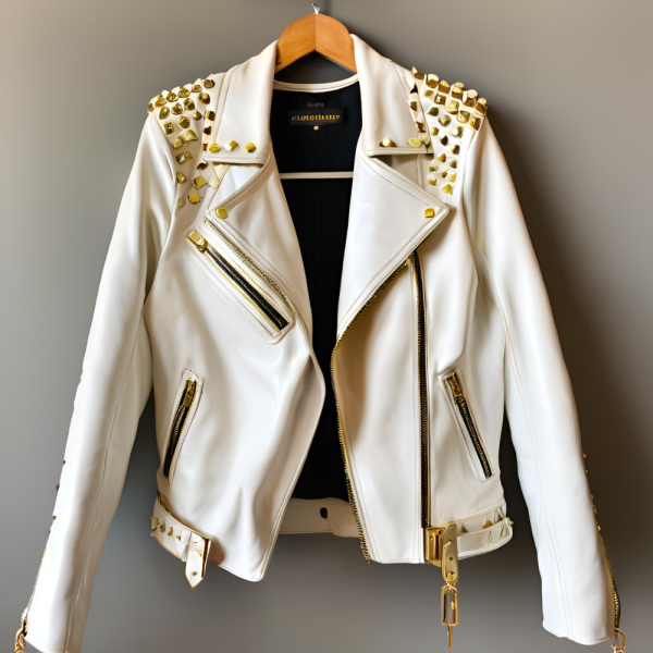 White Leather Jacket with Gold Accents - Image 3