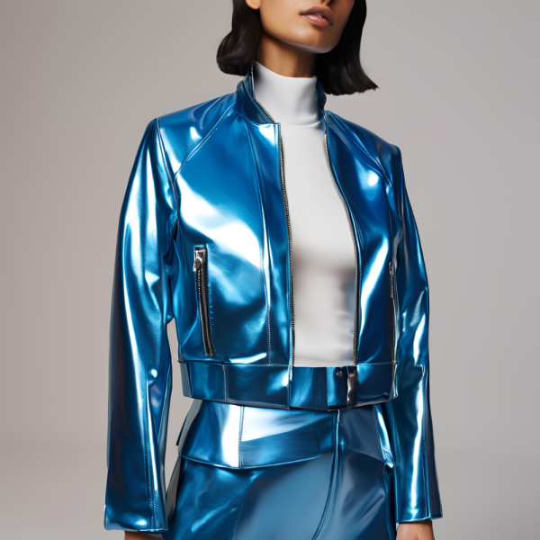 Blue Metallic Leather Jacket: