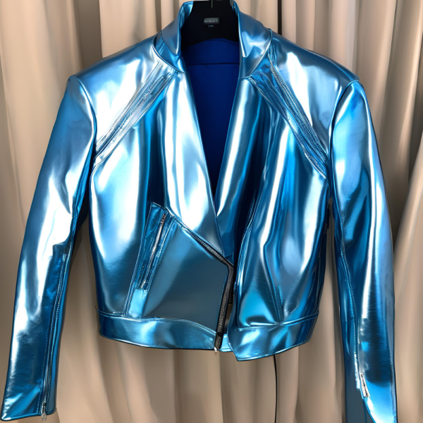 Blue Metallic Leather Jacket: - Image 2