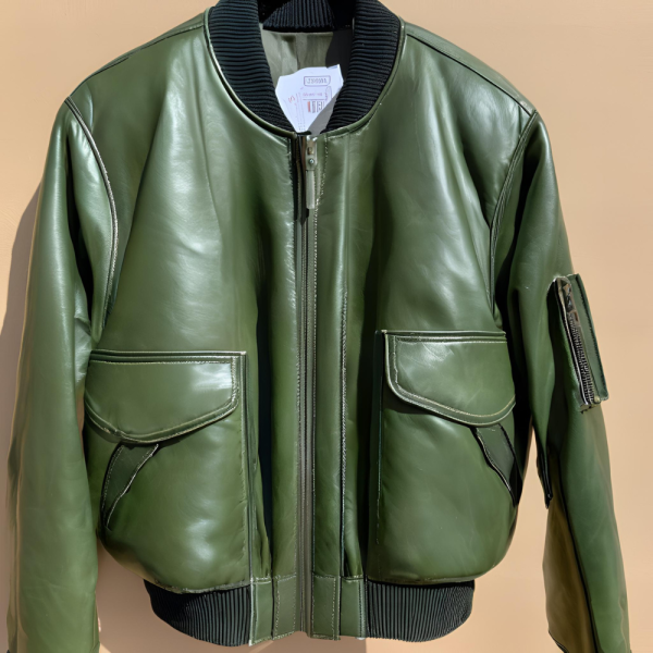 Green Bomber Leather Jacket - Image 3