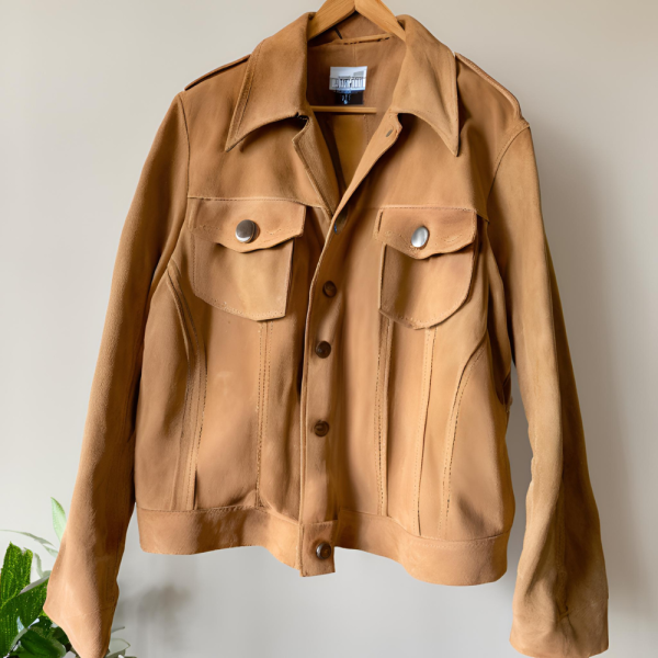 Tan Suede Leather Jacket: - Image 2