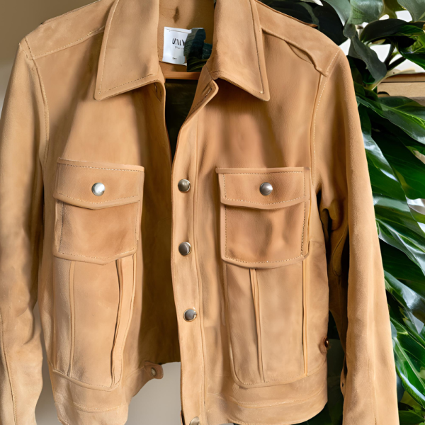 Tan Suede Leather Jacket: - Image 3