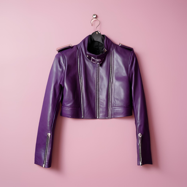 Purple Cropped Leather Jacket - Image 3