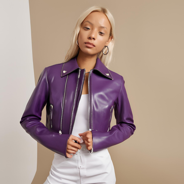 Purple Cropped Leather Jacket