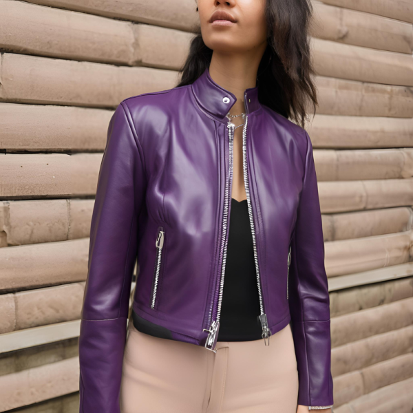 Purple Cropped Leather Jacket - Image 2