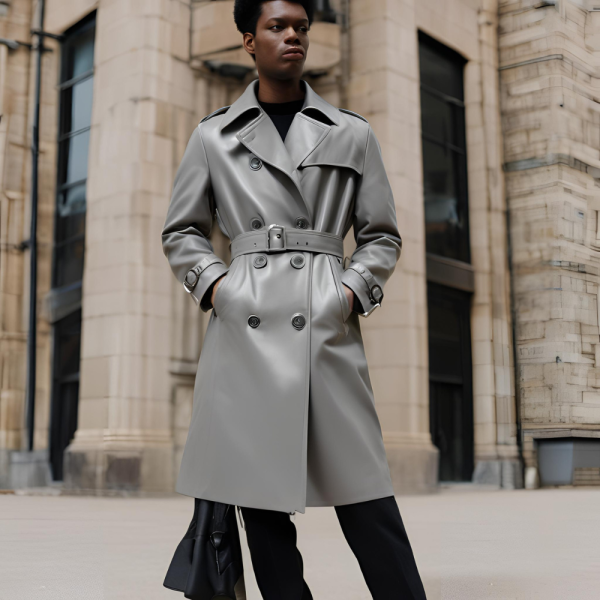 Grey Leather Trench Coat - Image 4