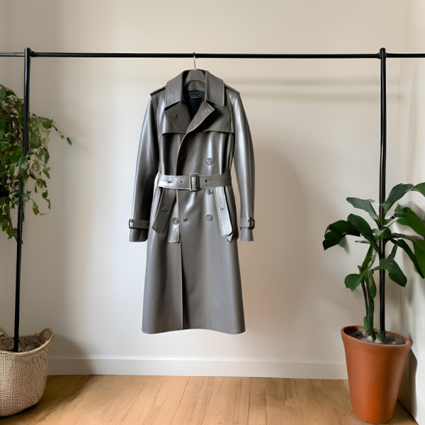 Grey Leather Trench Coat - Image 2