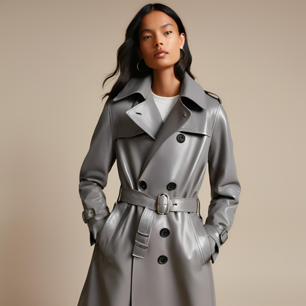 Grey Leather Trench Coat