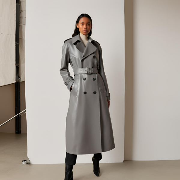 Grey Leather Trench Coat - Image 3