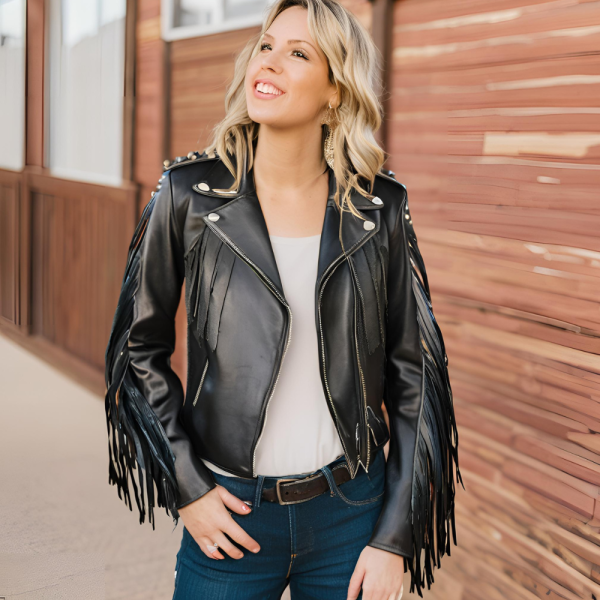 Black Leather Jacket with Fringe