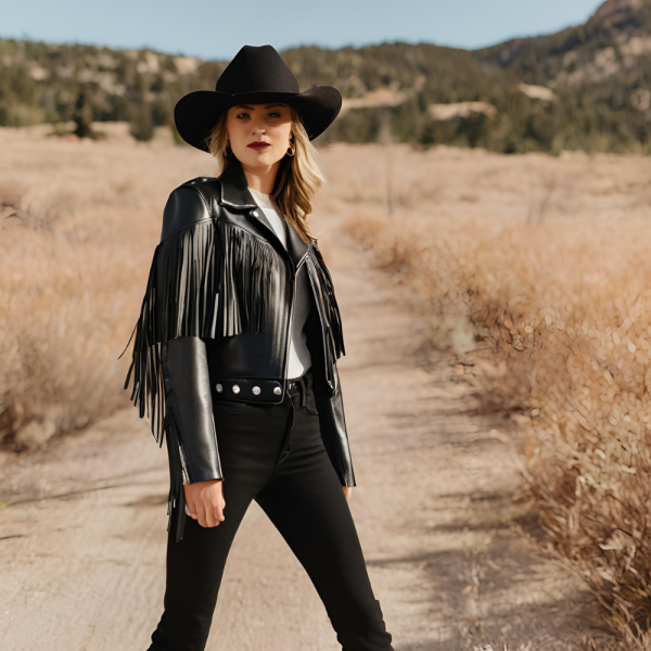 Black Leather Jacket with Fringe - Image 2