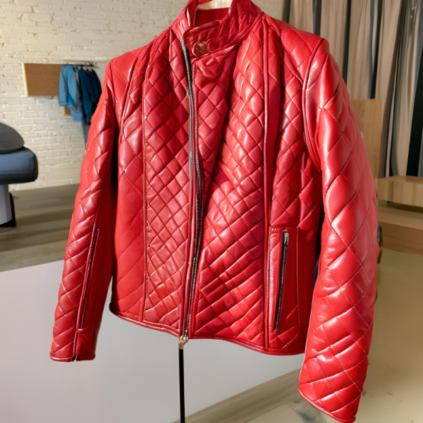 Red Quilted Leather Jacket - Image 2