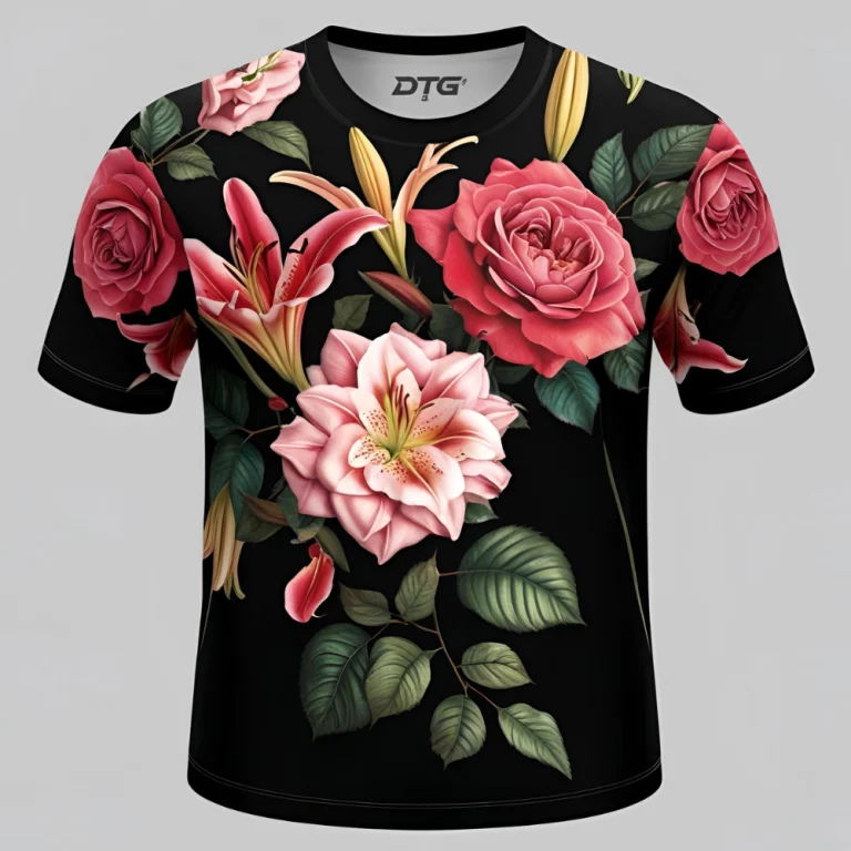 Floral Fusion DTG Printed Black T-Shirt