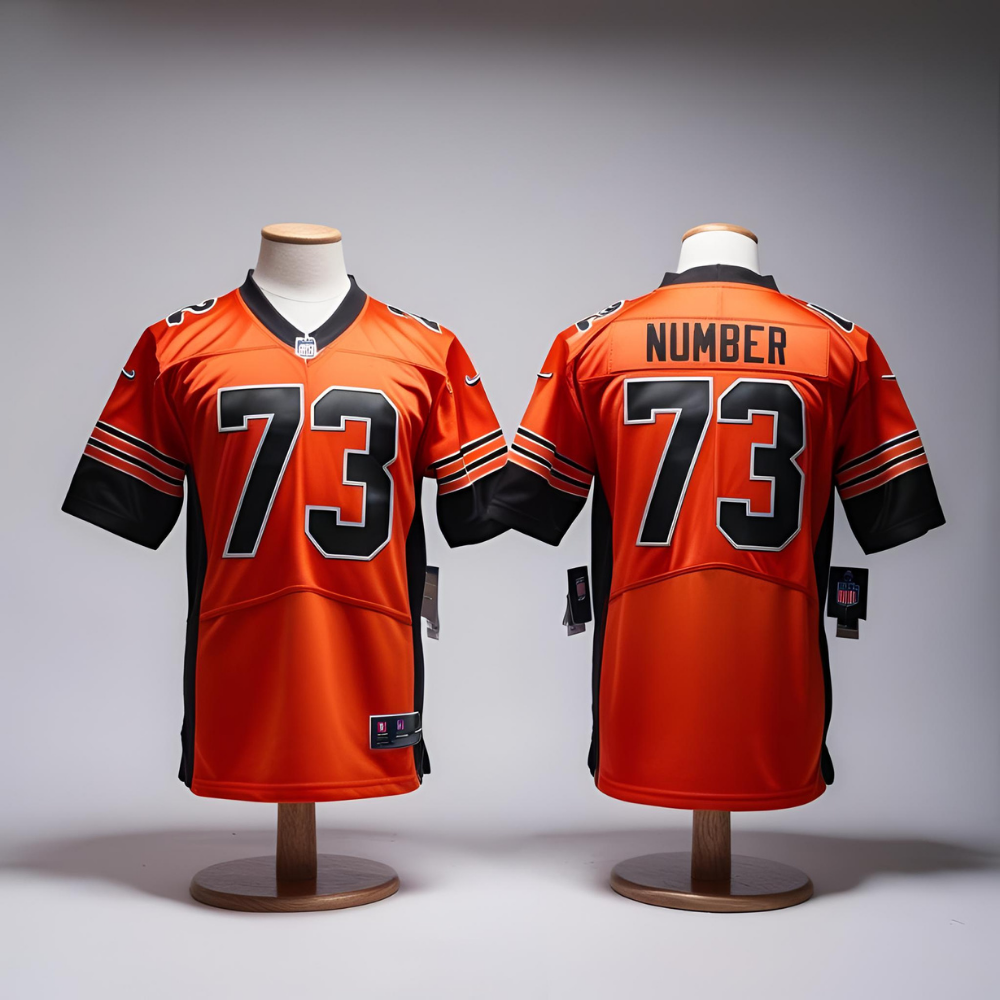Close-up of a custom high school football jersey with sublimated player name and number.