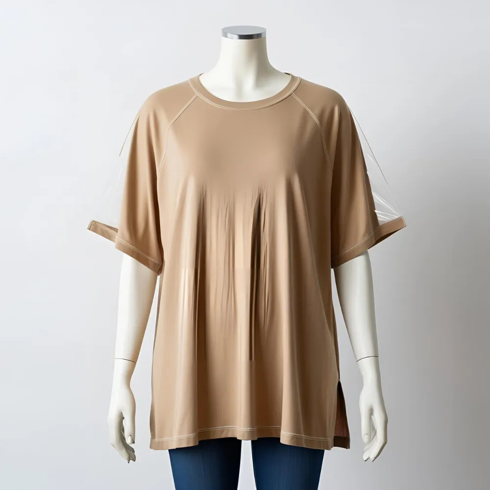Minimalist beige ComfortFit t-shirt on a neutral background, highlighting its comfort and local availability.