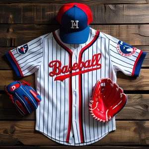 Custom baseball jersey floating in mid-air with a sleek gradient background, showcasing high-quality stitching and vibrant team colors