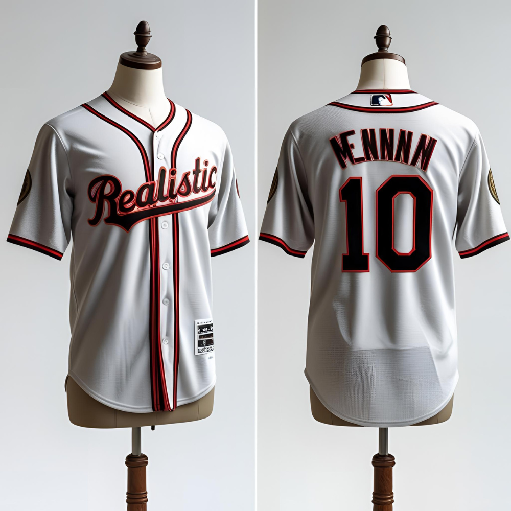 Full-body view of a model wearing a custom baseball jersey on a sports field with a blurred stadium background