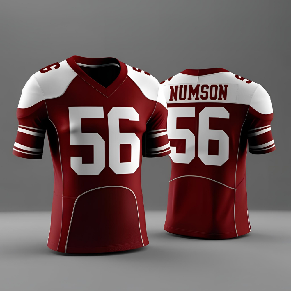 Custom football uniform with full sublimation printing, 3D logos, and breathable fabric suitable for professional and amateur American football teams