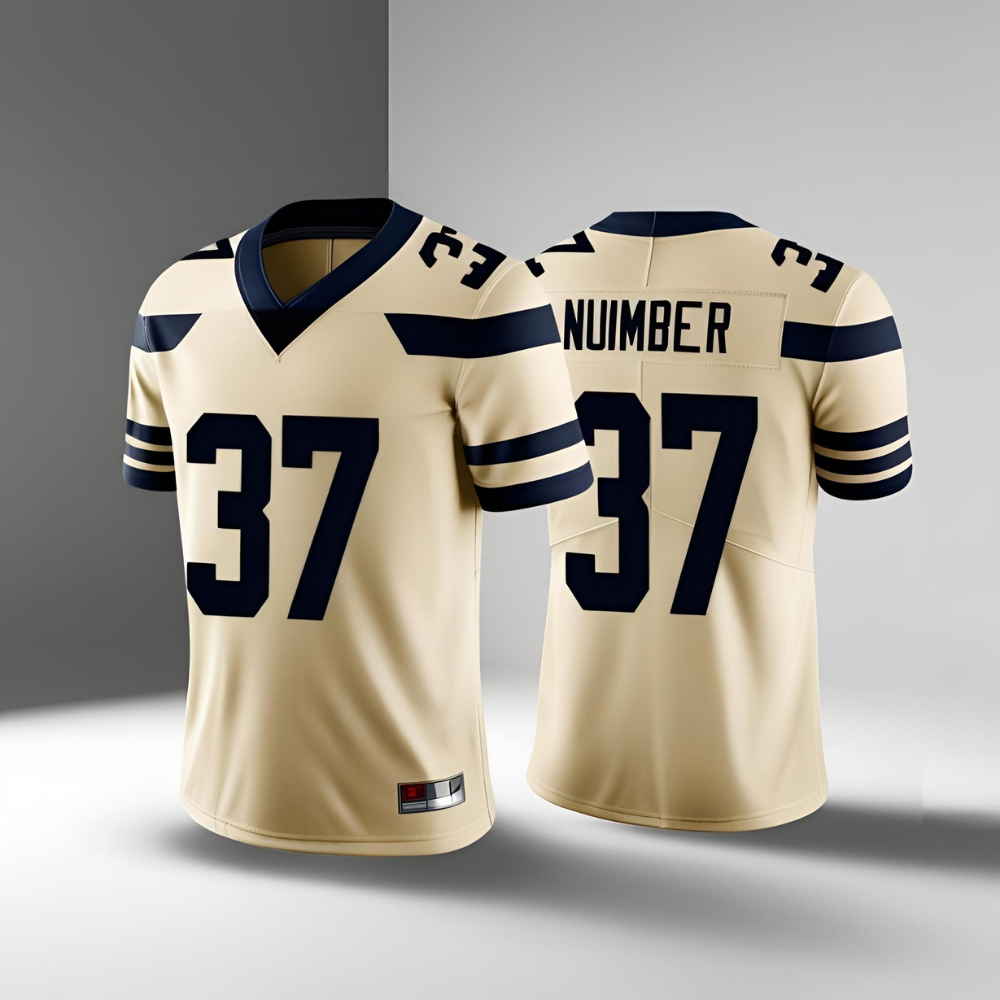 Group of adult players wearing personalized football jerseys in custom colors and styles.