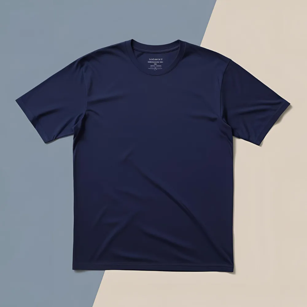 Dark blue cotton t-shirt shown flat, suggesting options for premium custom printing.
