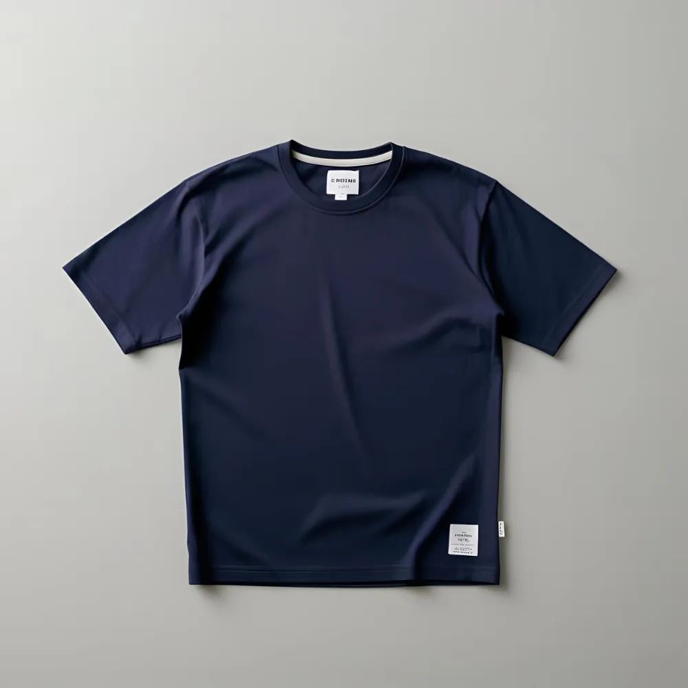 Dark blue t-shirt shown flat, ready to be customized for various brands.