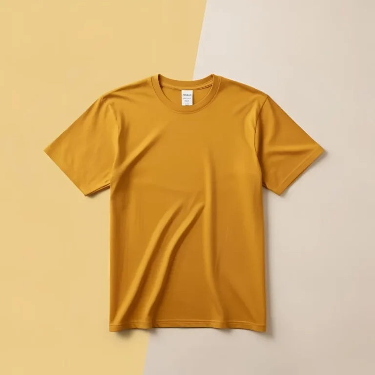 Mustard yellow cotton t-shirt displayed flat on a light brown background.