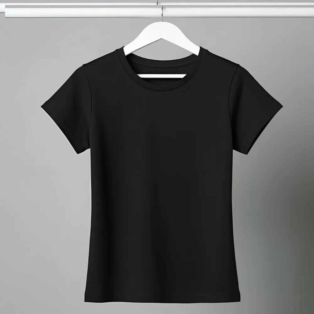 Minimalist black t-shirt hanging from a white hanger.