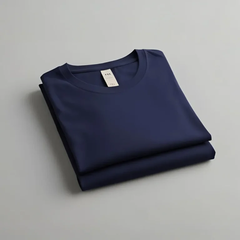 Folded navy blue t-shirt on a grey surface, suggesting customization for brands.