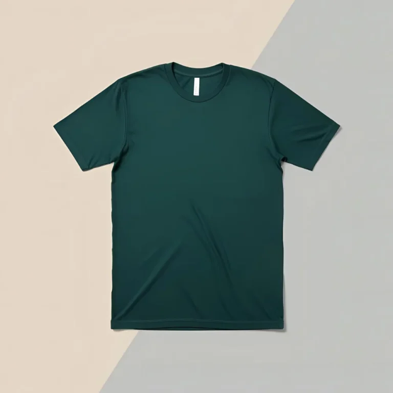 Forest green cotton t-shirt displayed flat on a two-toned background.