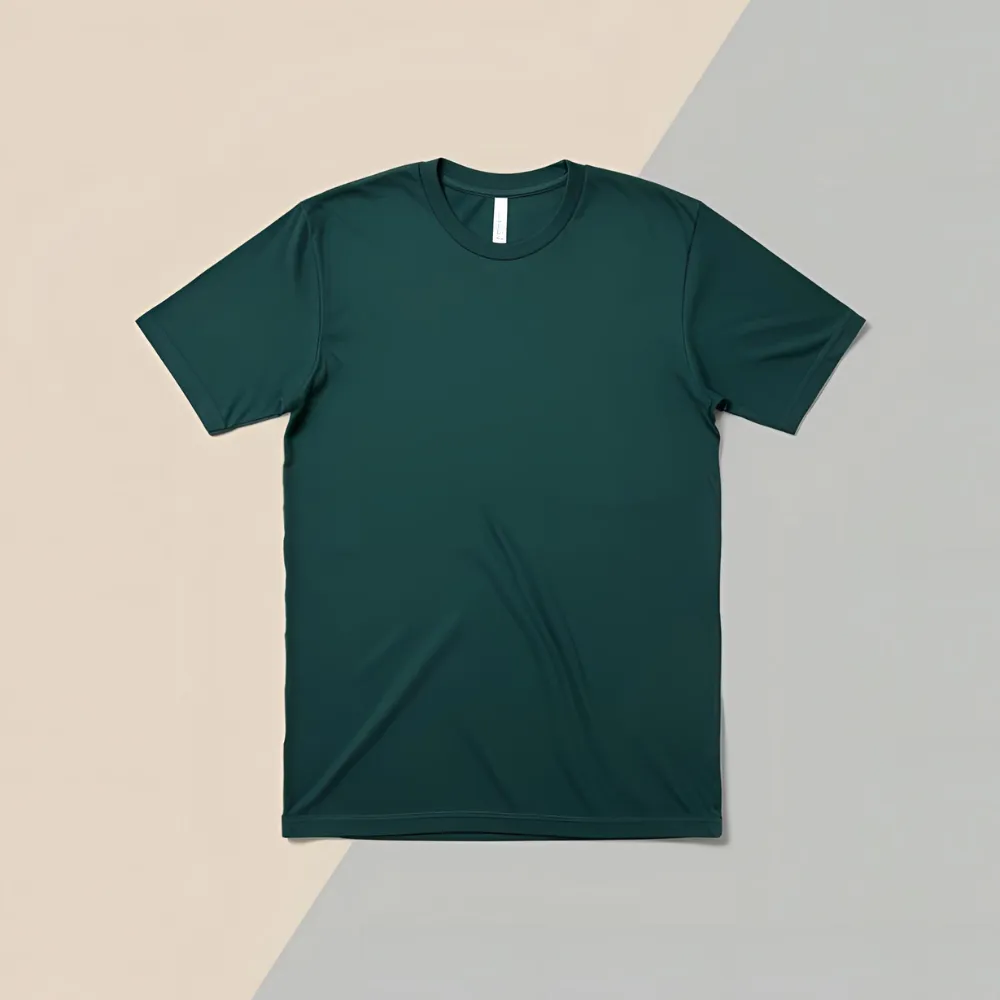 Forest green cotton t-shirt displayed flat on a two-toned background.