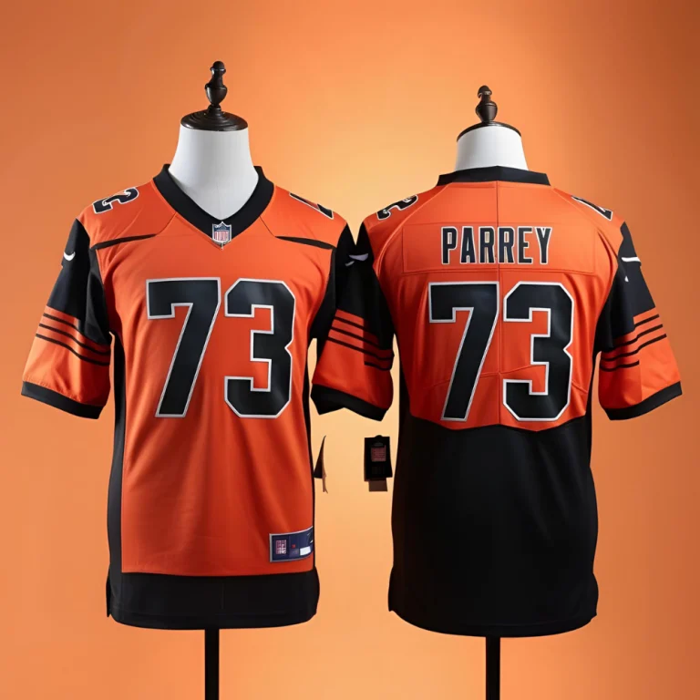 Close-up of a custom high school football jersey with sublimated player name and number.