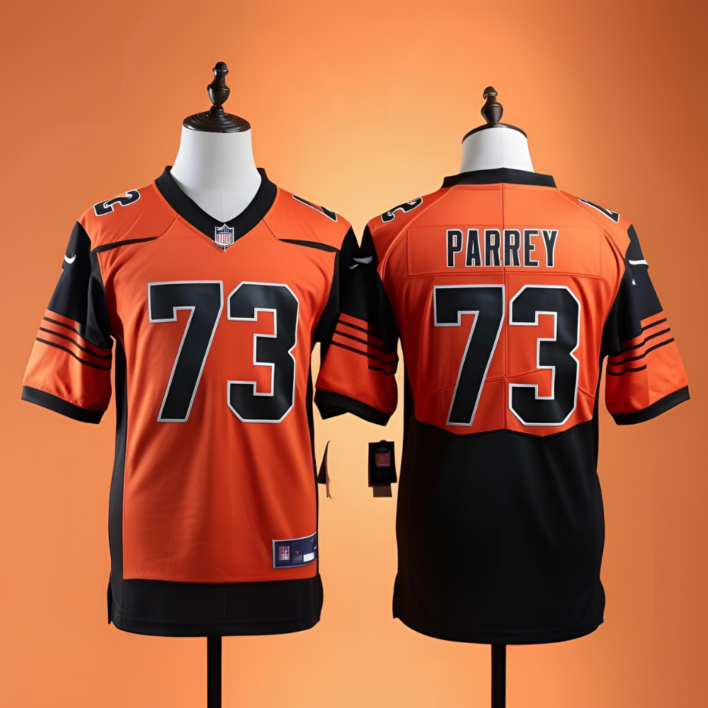 Group of high school football players wearing customized jerseys with school colors and logos.