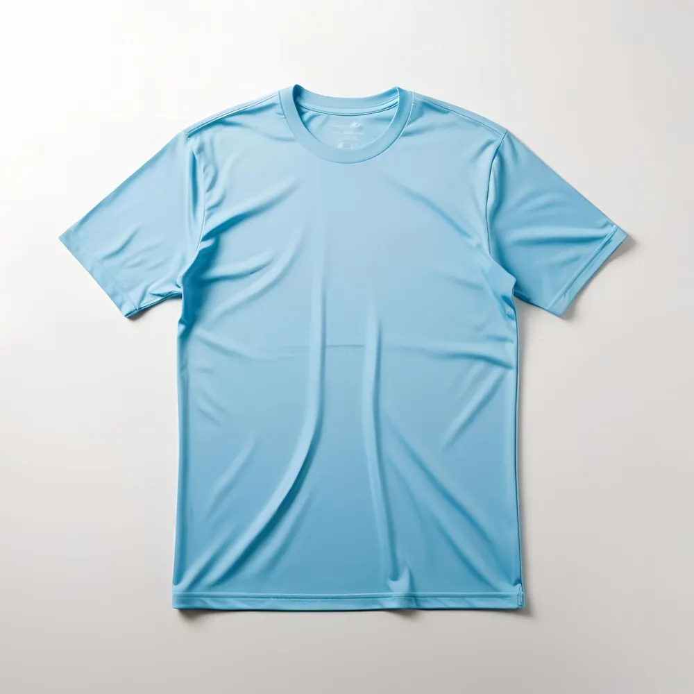 A simple sky blue cotton t-shirt displayed on a white background, customizable for branding.