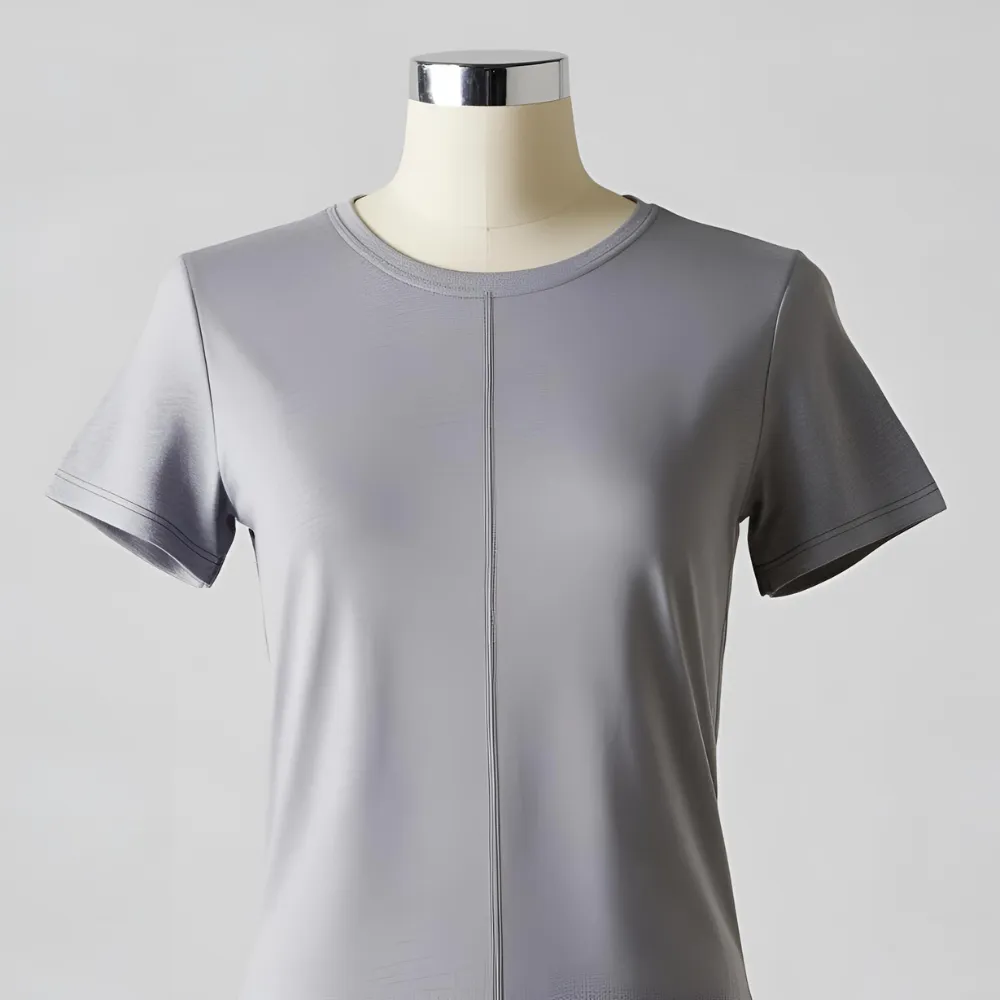 Grey t-shirt on a mannequin, emphasizing comfort and customization options.