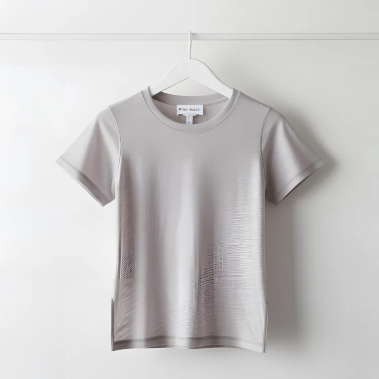 Pure Basics light grey t-shirt on a hanger, emphasizing its versatile design.