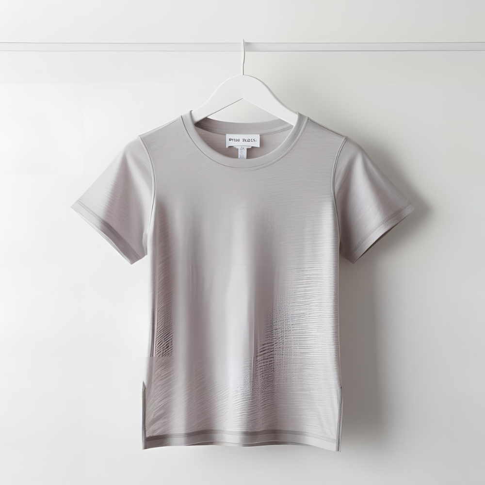 Pure Basics light grey t-shirt on a hanger, emphasizing its versatile design.