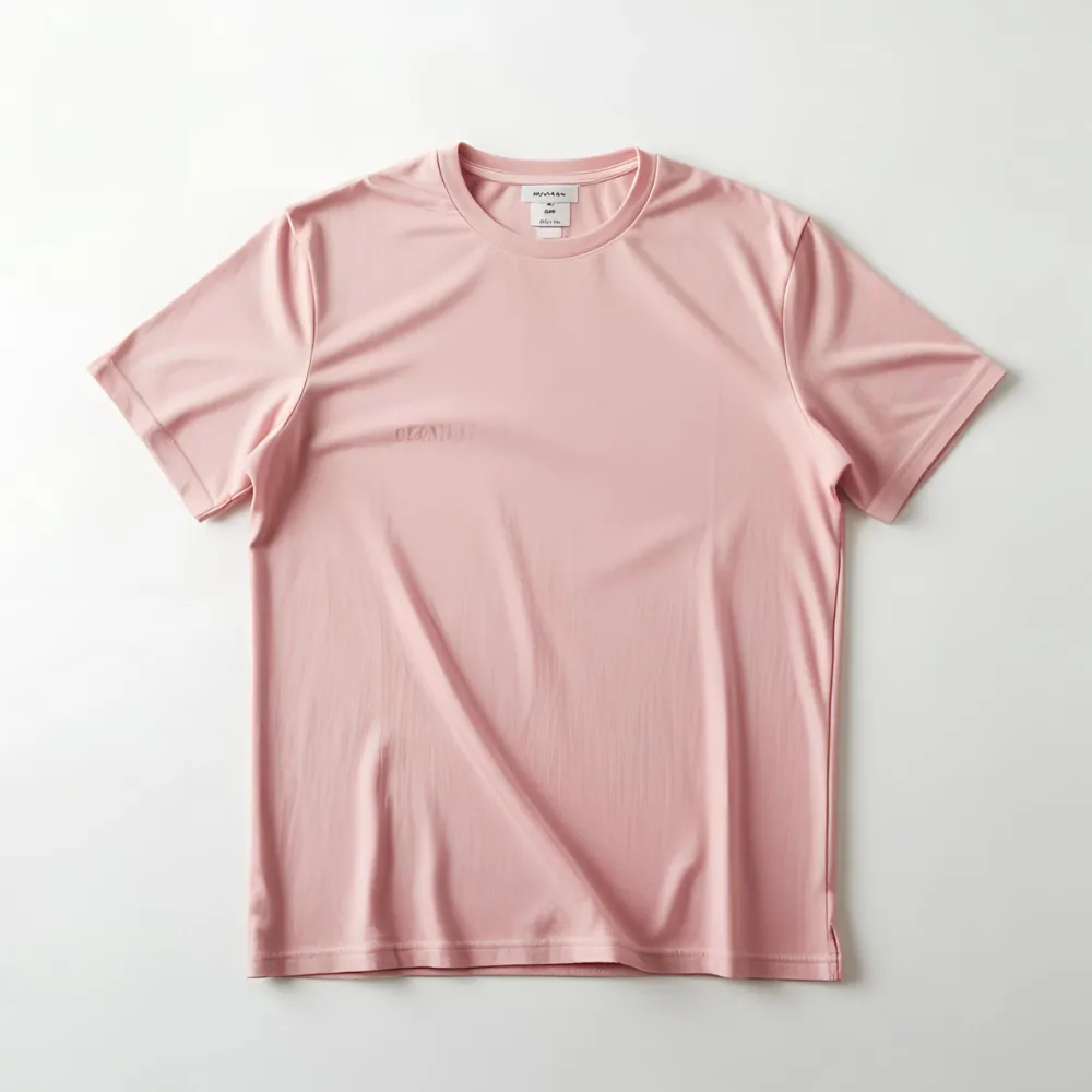 Light pastel pink cotton t-shirt photographed in a studio setting on a white surface.