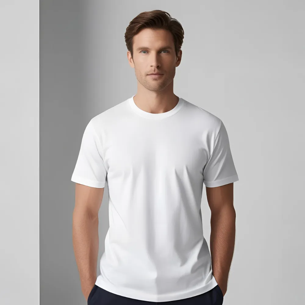 Portrait of a male model wearing a white t-shirt in a casual pose