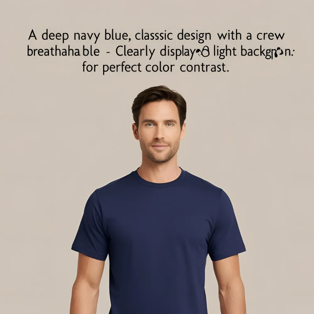 A man who could possibly be of European heritage wearing a deep navy blue crew