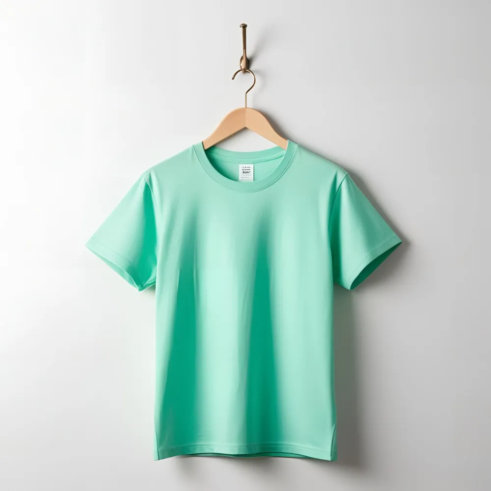 Studio shot of a cool mint green cotton t-shirt against a light grey background.