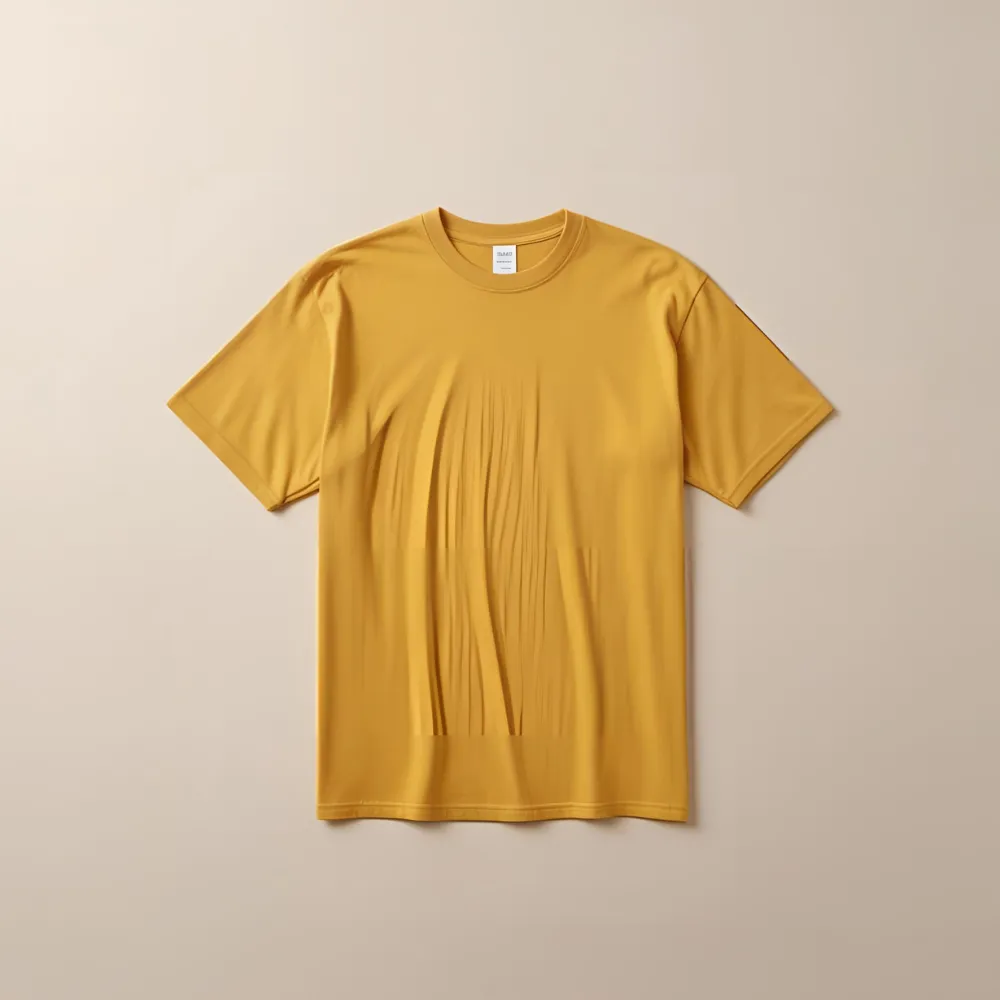 A simple mustard yellow cotton t-shirt shown on a light background.