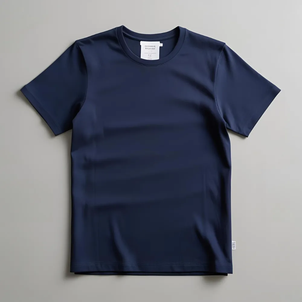 Navy blue essential t-shirt laid flat on a grey background.