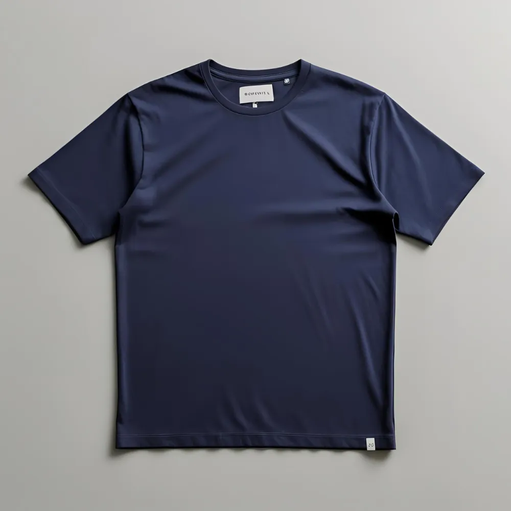 Essential navy blue t-shirt displayed flat on a grey backdrop.