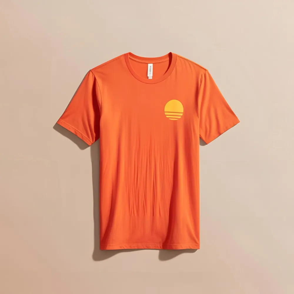 Sunset orange t-shirt with a small yellow and orange sun graphic printed on the left chest.