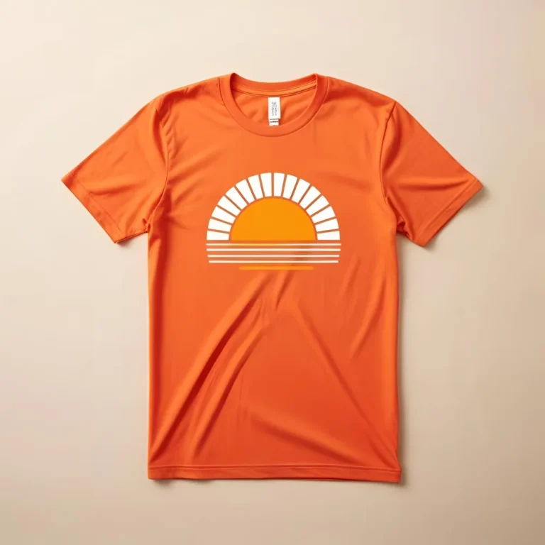 Vivid sunset orange t-shirt with a white graphic of a radiating sun and the text "SUNSET ORANGE".