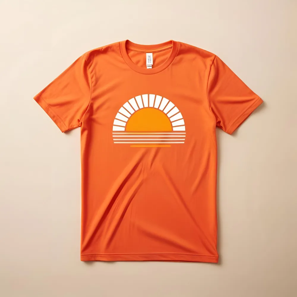Vivid sunset orange t-shirt with a white graphic of a radiating sun and the text "SUNSET ORANGE".