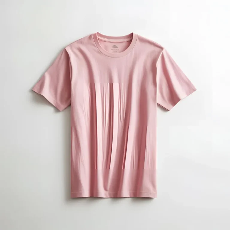 A pale pastel pink cotton t-shirt shown flat on a white backdrop.