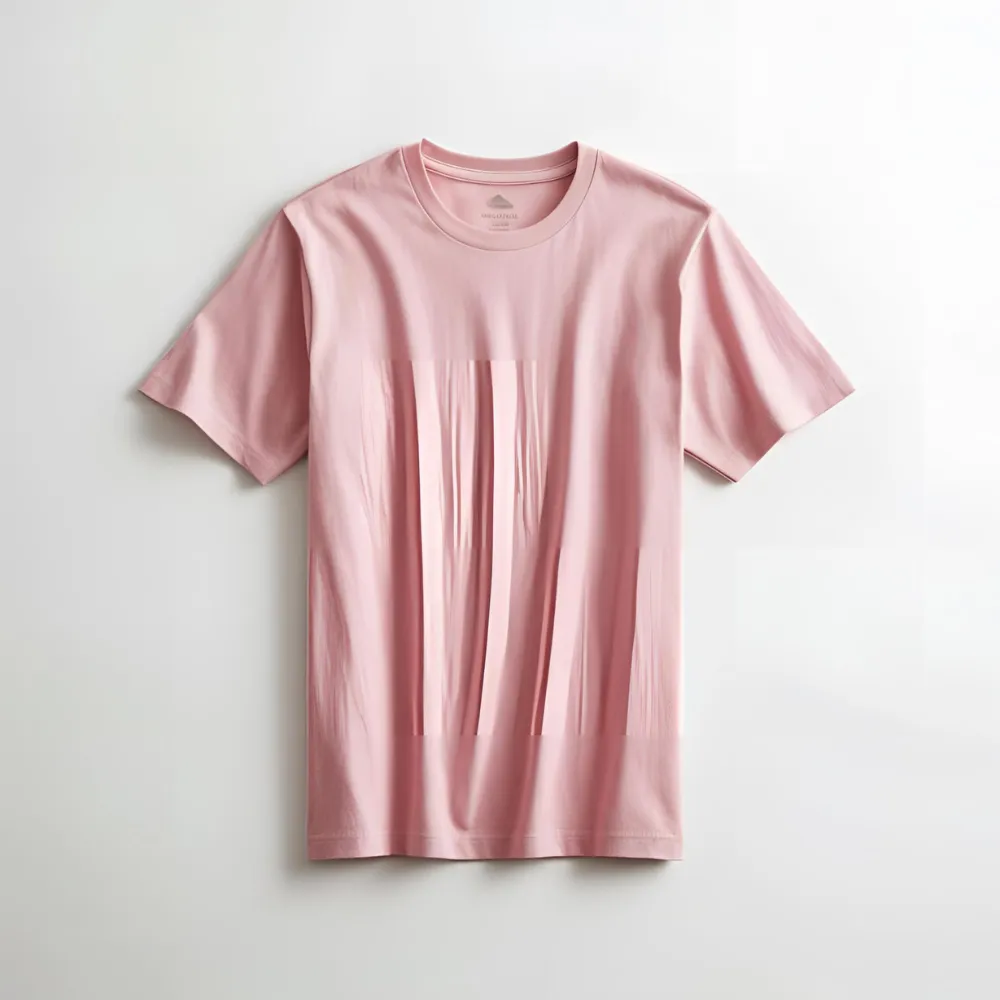 A pale pastel pink cotton t-shirt shown flat on a white backdrop.
